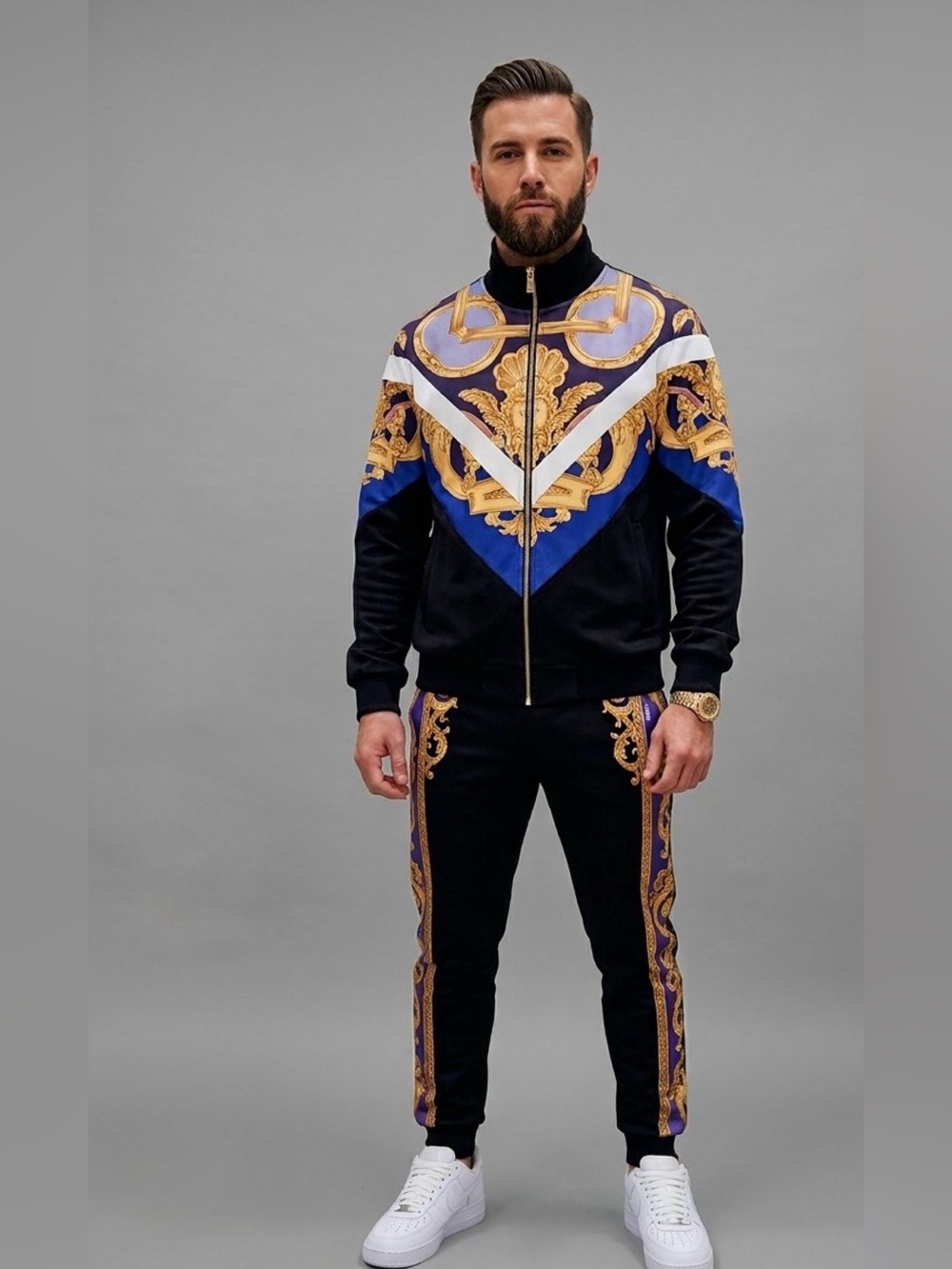 Versace Barocco Tracksuit Set Men's XL Black Gold Blue Zip Jacket Pants 2 Piece